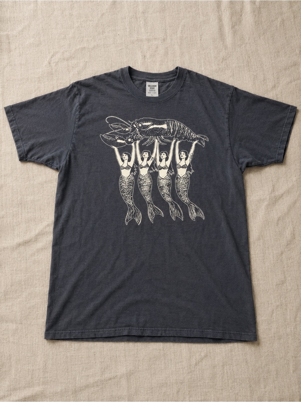 Charcoal Gray Tee with Cream Mermaids & Lobster Graphic T-shirt